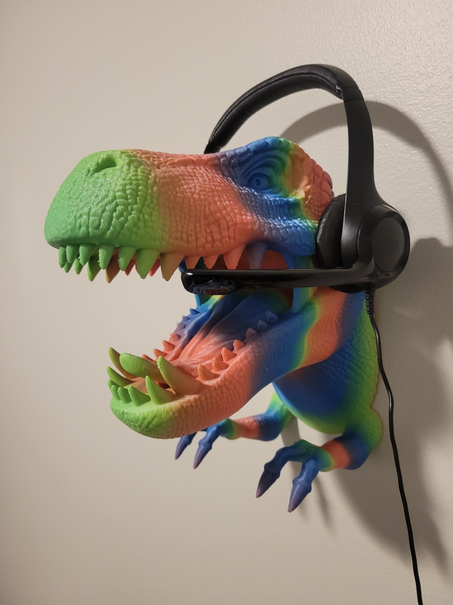 Rainbow T-Rex Headphone hook & Controller Holder | Jurassic Park Decor | Gamer Headset Stand | Dinosaur Gift for Gaming Setup