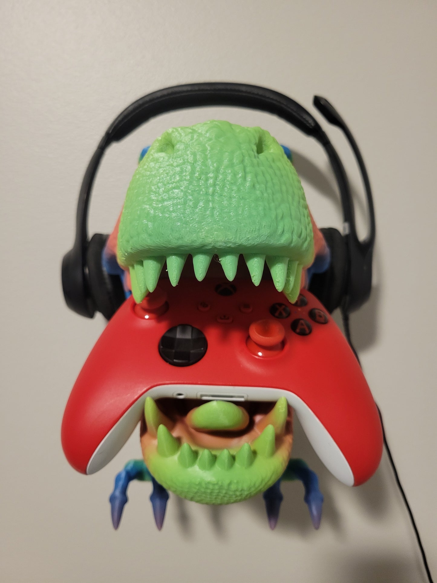 Rainbow T-Rex Headphone hook & Controller Holder | Jurassic Park Decor | Gamer Headset Stand | Dinosaur Gift for Gaming Setup