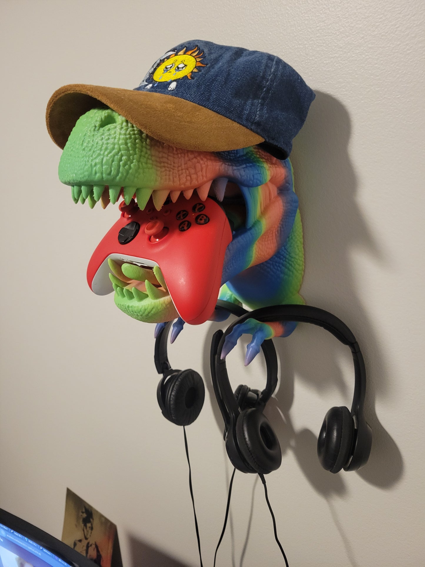 Rainbow T-Rex Headphone hook & Controller Holder | Jurassic Park Decor | Gamer Headset Stand | Dinosaur Gift for Gaming Setup