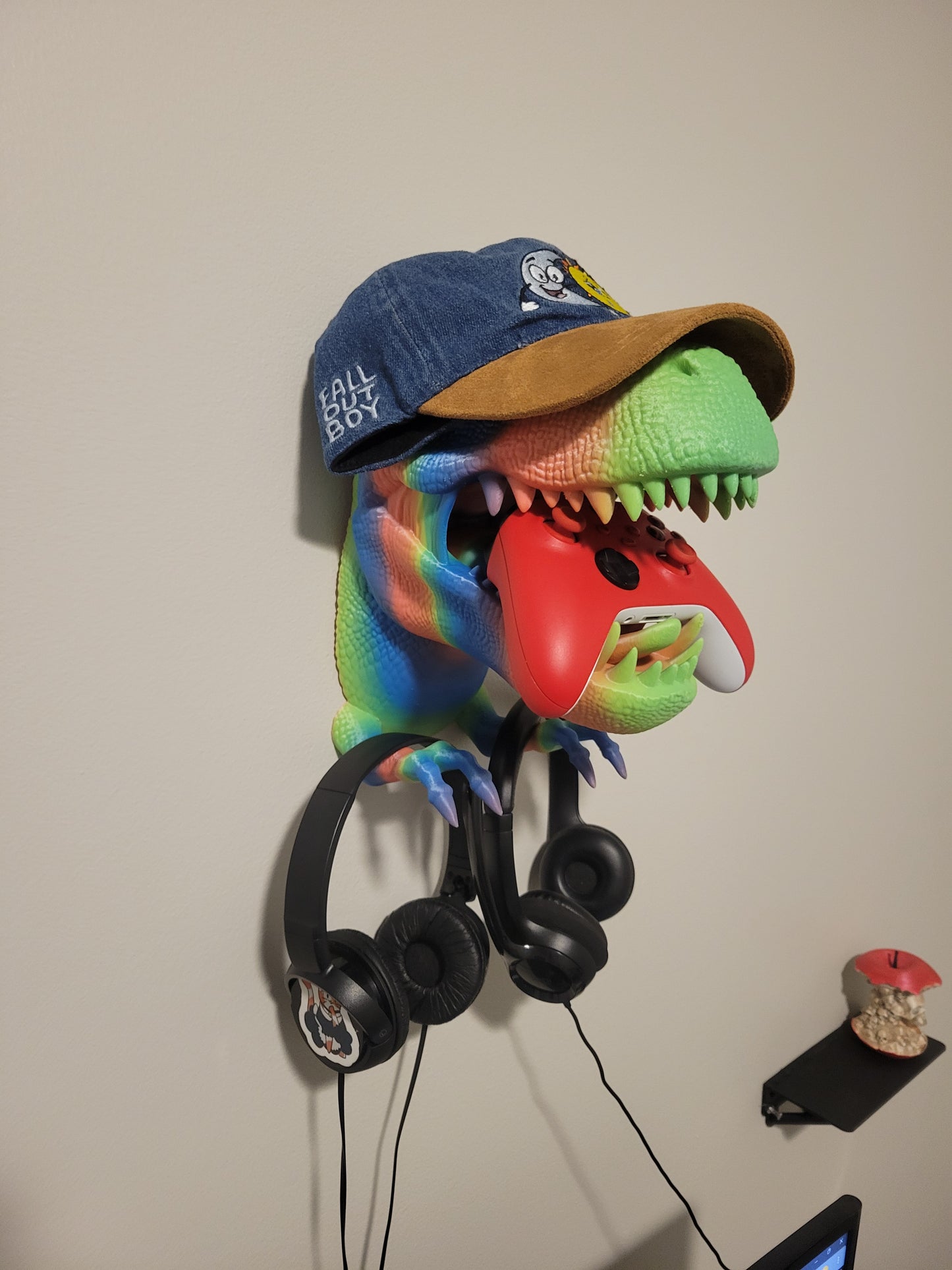 Rainbow T-Rex Headphone hook & Controller Holder | Jurassic Park Decor | Gamer Headset Stand | Dinosaur Gift for Gaming Setup