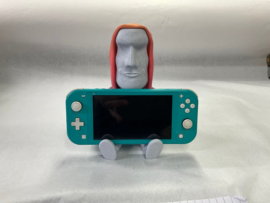 3D Printed Easter Island Head Device Holder with Rainbow Hoodie – Fun Stand for Nintendo Switch, Smartphone, and More!